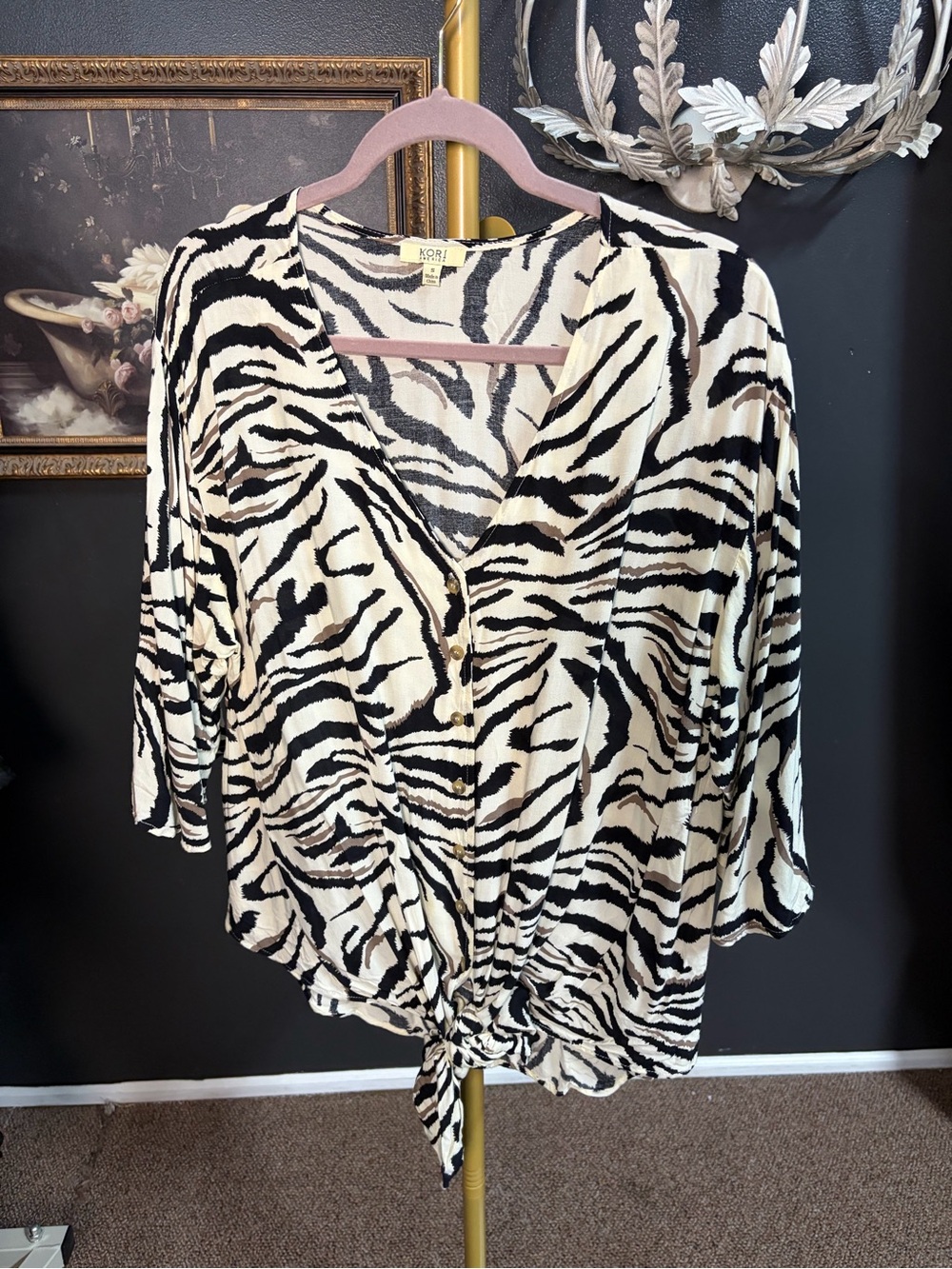 Kori America Black & White Zebra Tie-Front V-Neck Blouse
